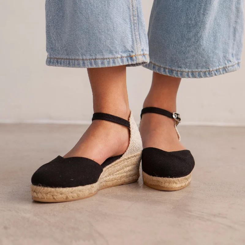 Girona Eco Canvas Vegan Espadrille Wedges - Black