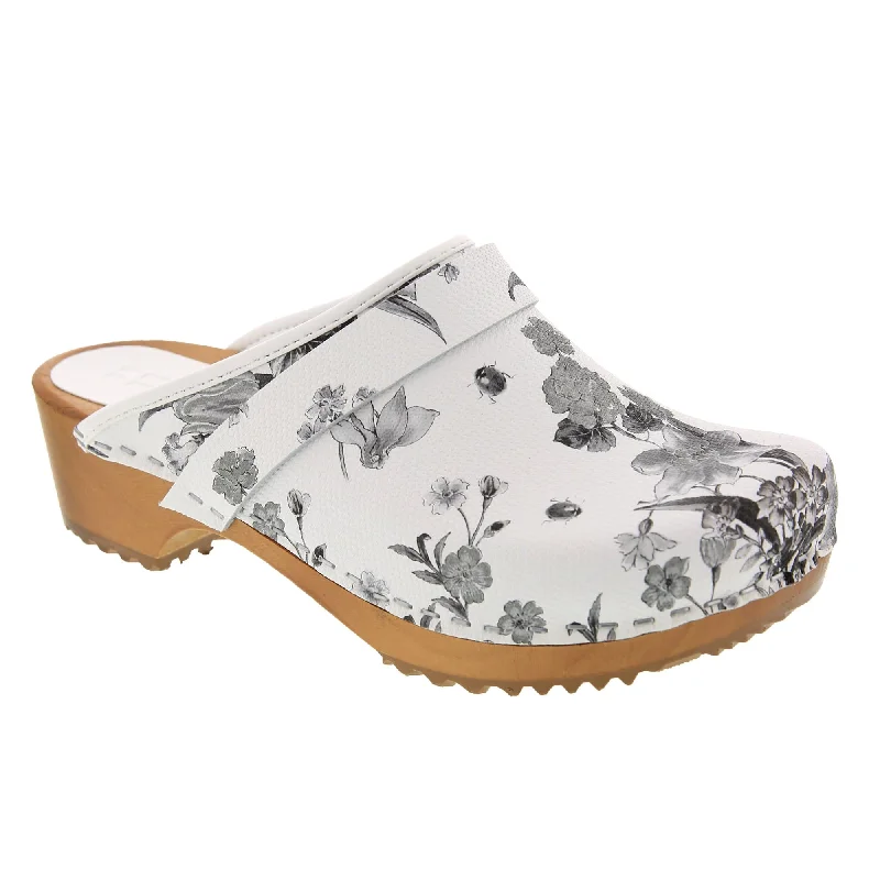 BJORK Aldi Wood Open Back Flower Print Leather Clogs - CLOSEOUT