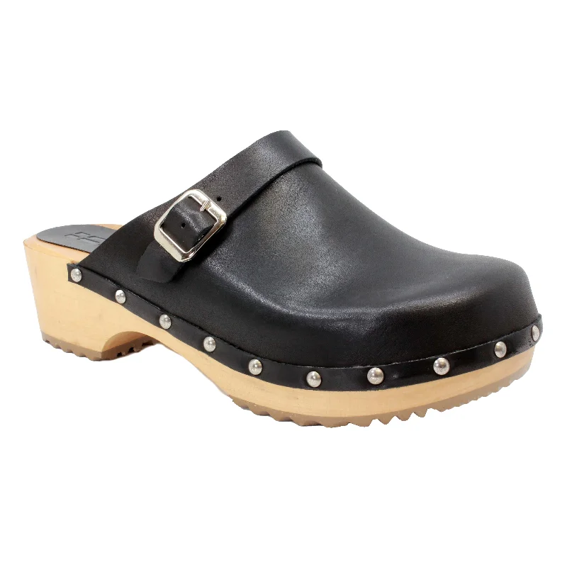 BJORK Anna Wood Full Grain Black Leather Clogs