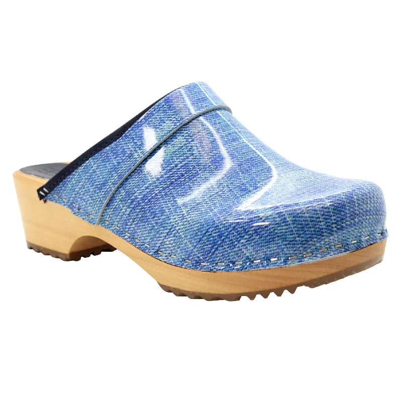 BJORK by KLÄGN Denim Wood Open Back Leather Clogs