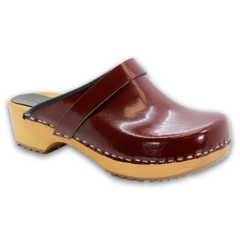 BJORK LEIA Wood Classic Open Back Maroon Patent Leather Clogs - CLOSEOUT