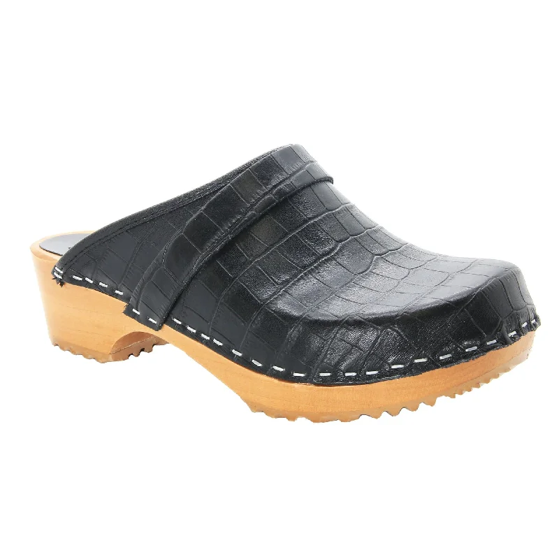 BJORK Maja Wood Open Back Black Croco Print Leather Clogs