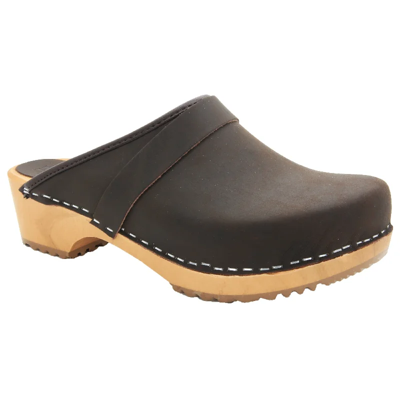 BJORK Maja Wood Open Back Brown Oiled Leather Clogs