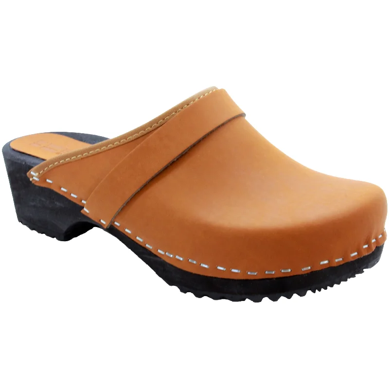 BJORK Maja Wood Open Back Leather Clogs in Cognac