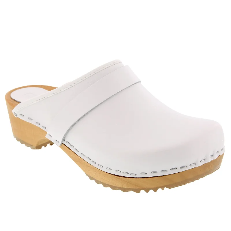 BJORK Maja White Wood Open Back Leather Clogs