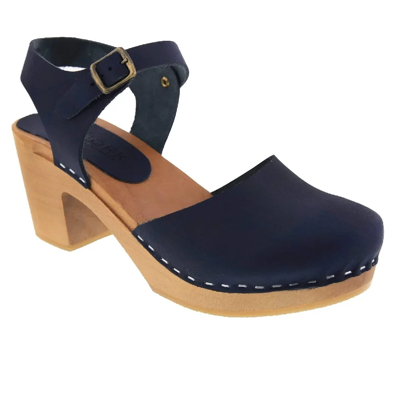 BJORK MARGARETA Swedish Wood Clog Sandals in Navy Oiled Leather - CLOSEOUT