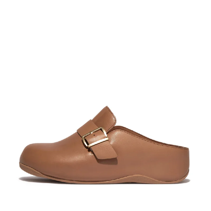 FitFlop Shuv Buckle Latte Tan Leather Clogs