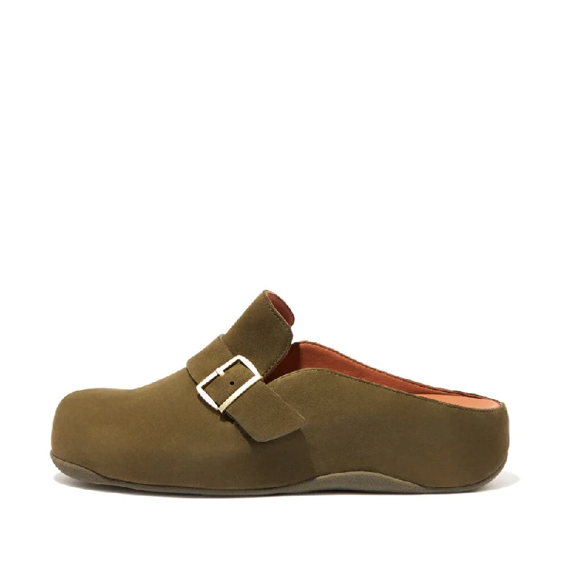 FitFlop Shuv Buckle-Strap Mossy Nubuck Clogs