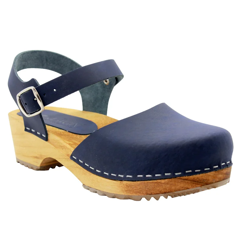 BJORK ALMA Swedish Wood Clog Navy Leather Sandals