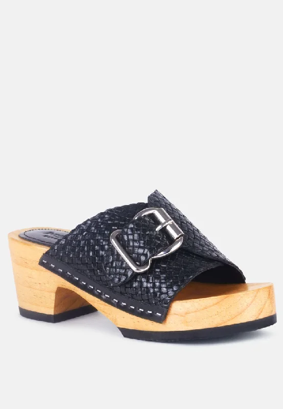 YORUBA Braided Black Leather Buckled Slide Clogs